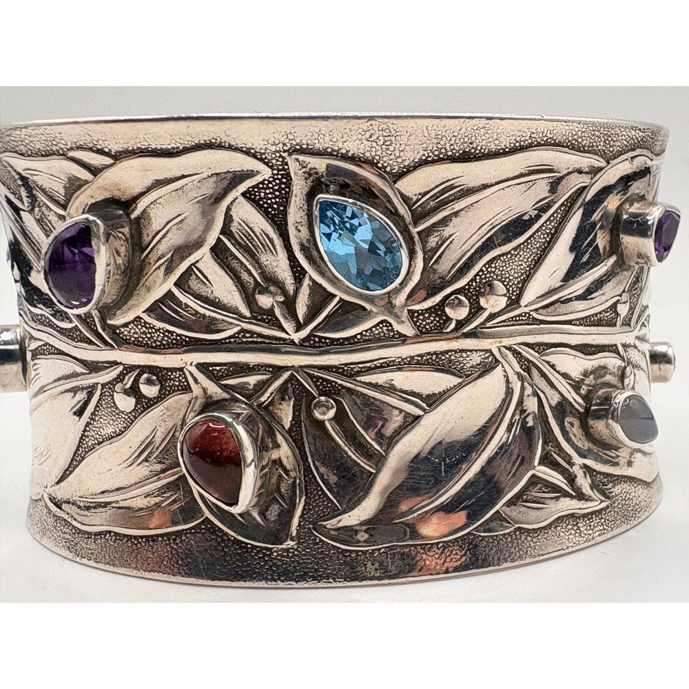Art Nouveau Style Sterling‎ Silver Gemstone Cuff Bracelet Leaves Berries
